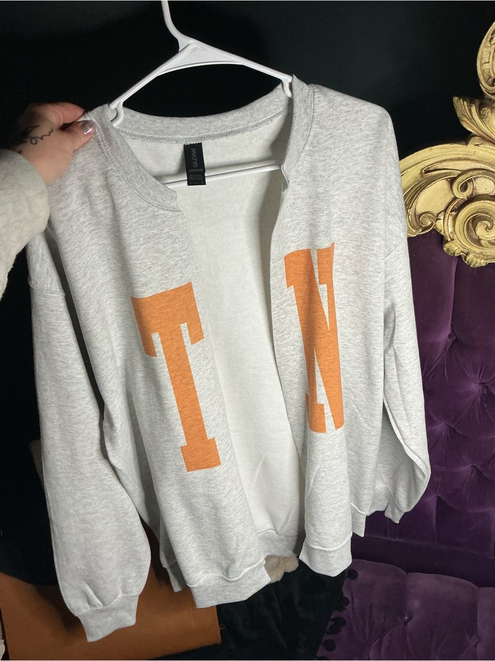 Light Gray Open-Front Cardigan with Orange Lettering